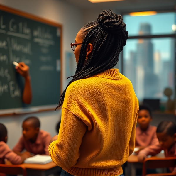 Une enseignante noire âgée de quarante ans coiffée de tresses africaines traditionnelles, portant un pull jaune  se tient le dos tourné en train d'y écrire à la craie blanche au tableau dans une salle de classe avec des élèves noires agés de huit ans.