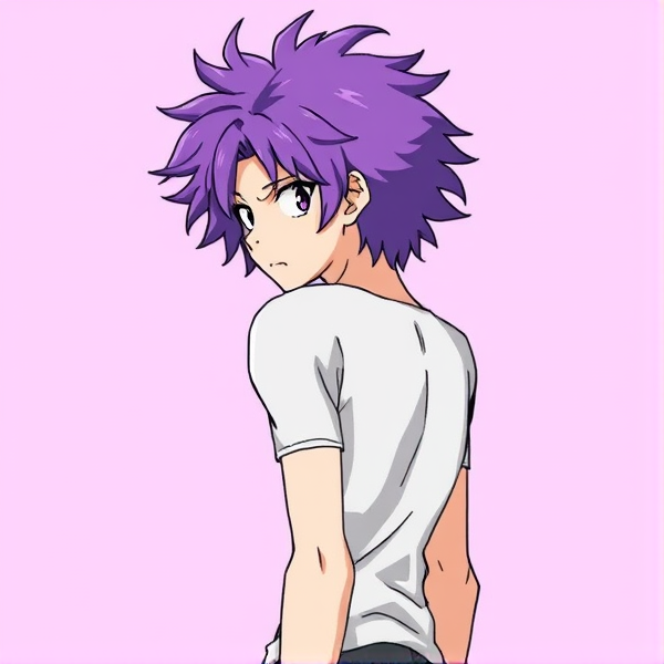 My hero academia oc. Purple fluffy hair. Full body ref side view. Leaning back. Terrified.