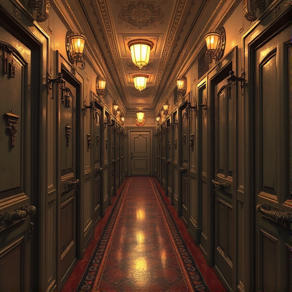 A pong hallway filled with many doors and keys like Alot of keys