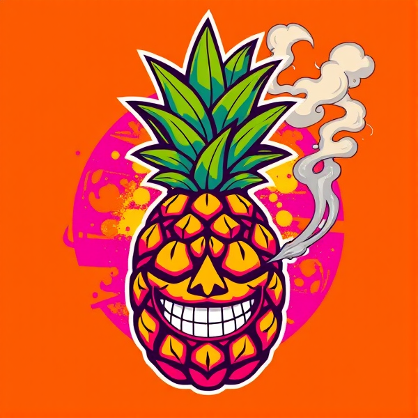 Logo d'ananas stylisé avec des couleurs vibrantes et tropicales, émettant de la fumée artistique visage drôle