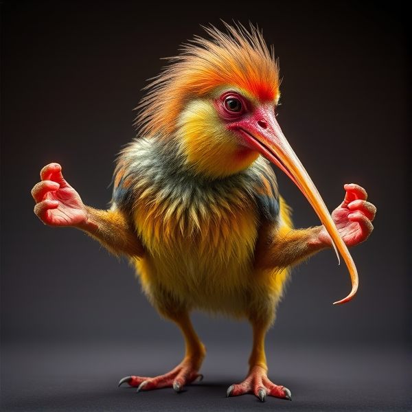 An imaginative fusion of a kiwi bird with the dexterous limbs of a monkey, vibrant in color and animated in pose