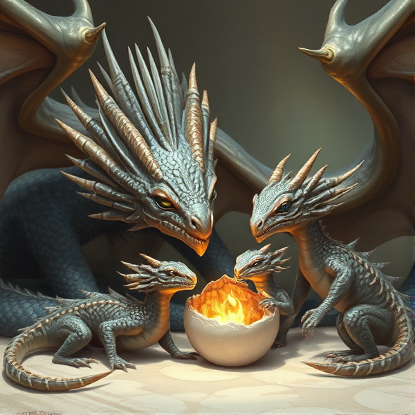 Parent dragons and 3 baby dragons and one of the baby dragons is hatching from its egg