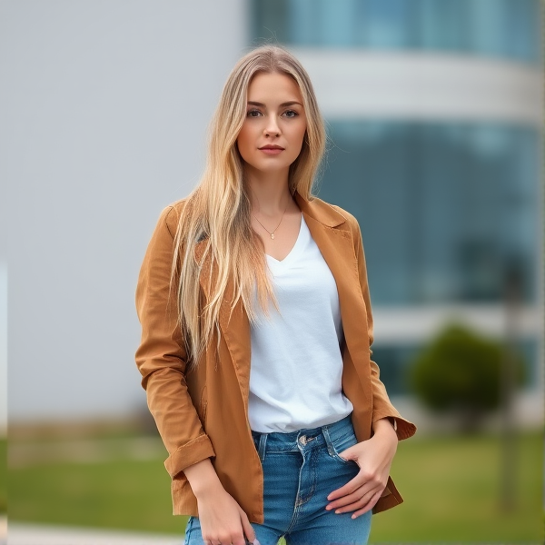 Blonde long hair girl in her 20s with white shirt, brown jacket and blue jeans