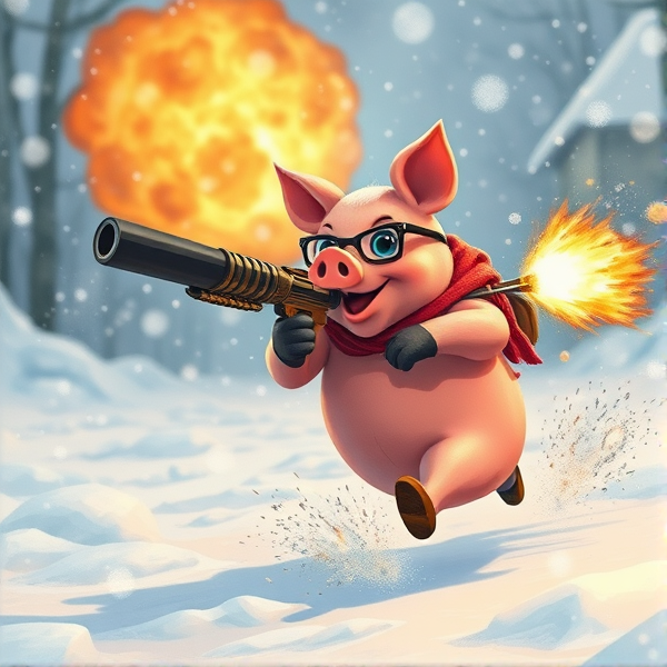 Porky the pig, firing a bazooka while running through a blizzard. Explosions all around as snow falls