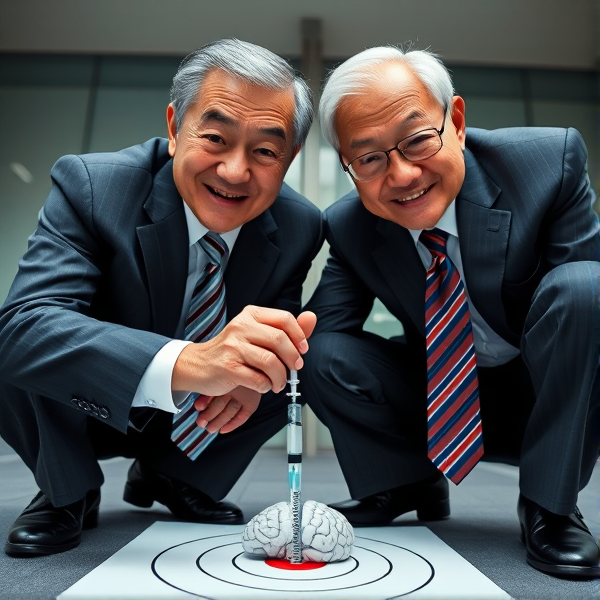 Deux hommes d'affaires japonais âgés, en costume formel et cravate longue à rayures bleues et rouges, sont accroupis et injectent avec précision le contenu d'une seringue dans une cible symbolisant un cerveau . Ils fixent l'objectif avec un sourire confiant. La scène est capturée en contre-plongée pour mettre en valeur leur geste déterminé et l'aspect stratégique de leur action.