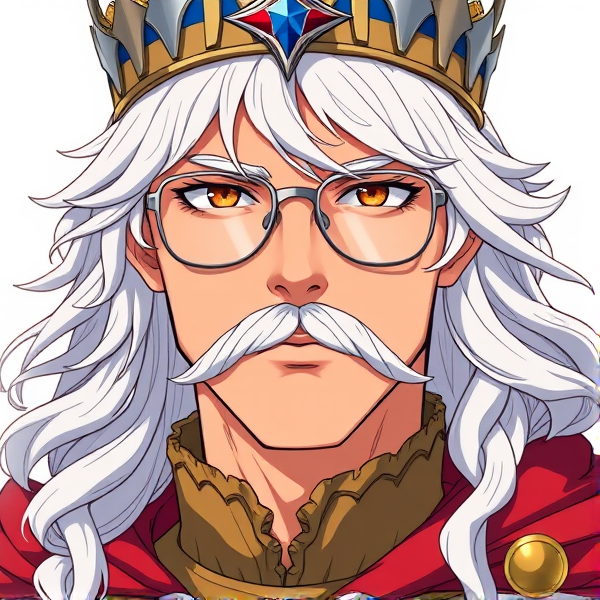 Male tan skin color with white long wavy middle part hair white mustache with chin stub, silver glasses, silver and blue crown, red royal cape, tan ranger uniform slightly visible under cape. Less bulky facial stucture