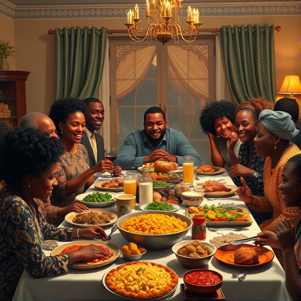 A lively African American big family gathering around a richly adorned dinner table, sharing a traditional soul food meal with dishes such as fried chicken, collard greens, macaroni and cheese, cornbread, and sweet potato pie, all set in a warm and inviting dining room filled with laughter and storytelling