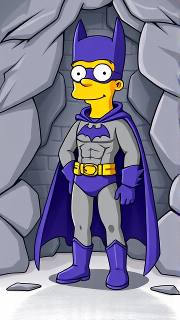 Bart Simpson from The Simpsons, but as a tall teenager who's 18 Years Old, with his yellow skin and an extremely muscular body, dressed as a parody of Batman, known as Bartman, with his bodysuit being grey, his utility belt being gold, and his boots, gloves, briefs, cape, and cowled mask all being purple. He is one half of Springfield's Dynamic Duo, and is one of the greatest vigilante superheroes ever known. He is currently standing in his secret high-tech underground lair hidden beneath Simpson Manor, the Bart Cave, ready for action.