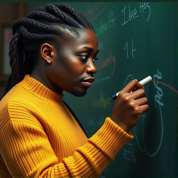 Une enseignante noire âgée de cinquante ans coiffée de tresses africaines traditionnelles, portant un pull jaune  se tient le dos tourné en train d'y écrire avec assurance à la craie blanche au tableau, éléments éducatifs colorés visibles en arrière-plan