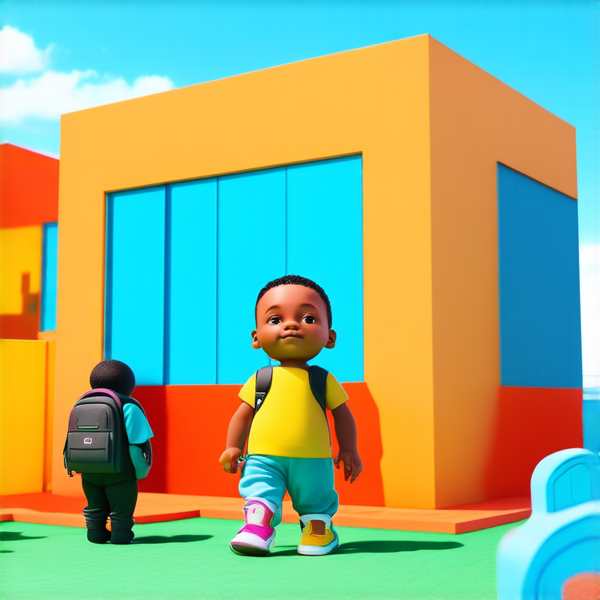 bâtiment d'une école primaire typique au gabon avec des enfants noirs avec des cartables jouant dans la cour, sous un ciel bleu clair