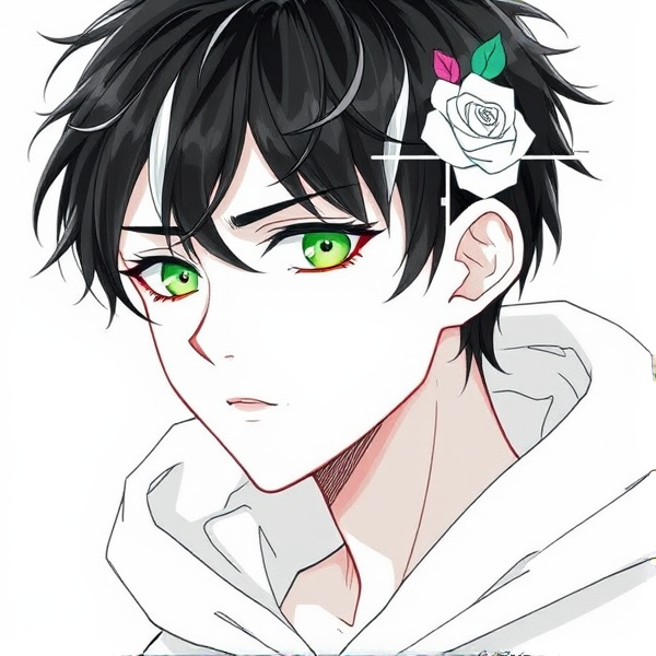 A drawing of a male with white skin, short, messy black hair with a streak of white in his hair, wearing a white hoodie and lime green eyes with roses