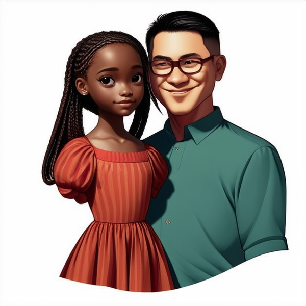 jolie petite fille noire de 8ans en robe avec des tresses africaines avec son pere et sa mere