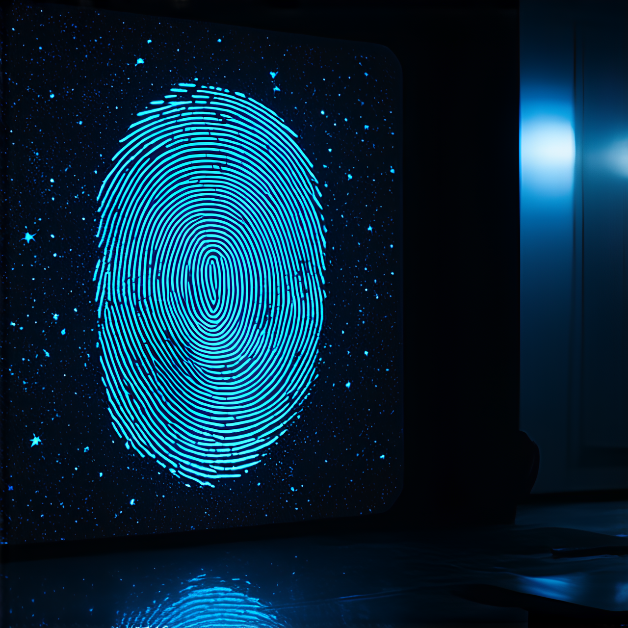 Une main solitaire scanne son empreinte digitale sur un capteur biométrique avancé et lumineux dans une pièce sombre et déserte, évoquant la solitude de la technologie moderne. L'empreinte digitale s'illumine sur l'écran avec des motifs complexes qui brillent comme des constellations. La scène est baignée d'une lumière bleue froide, reflétant le thème de l'isolement. Le style est hyper-réaliste avec une attention méticuleuse aux détails, telle que les textures de la peau et les reflets du capteur. La perspective est en vue rapprochée de trois-quarts pour mettre en valeur l'action de l'authentification biométrique et accentuer le sentiment de solitude personnelle face à la machine.