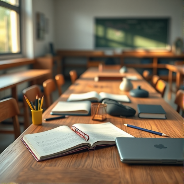 table en bois éclairée par la lumière naturelle de la fenêtre, couverte de fournitures scolaires comme des cahiers ouverts, des stylos, des crayons, une trousse, un globe terrestre et un ordinateur portable, dans une salle de classe calme