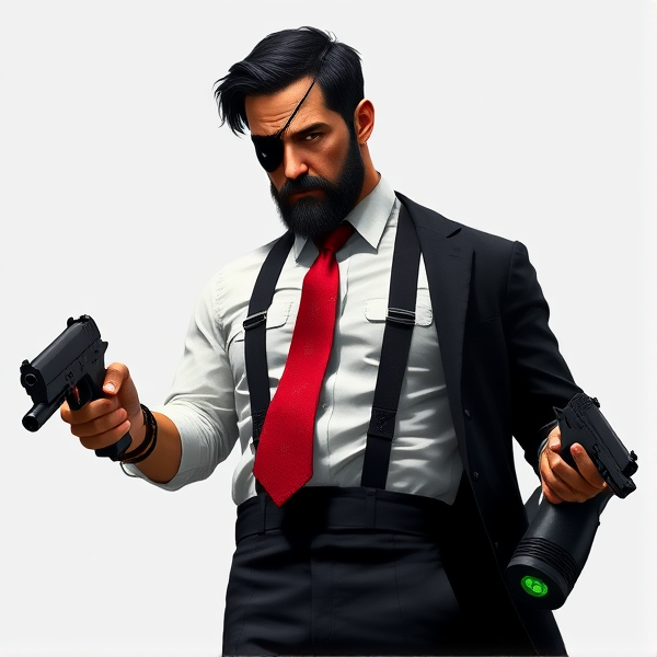 Full body image. John Abraham Marston: has short black hair, beard, scar across left eye, blind in left eye, wears eyepatch over left eye, white shirt, black pants with suspenders, red tie, black suit jacket, Kevlar lined, black dress shoes, has two desert eagle pistols, black with green glow sights.