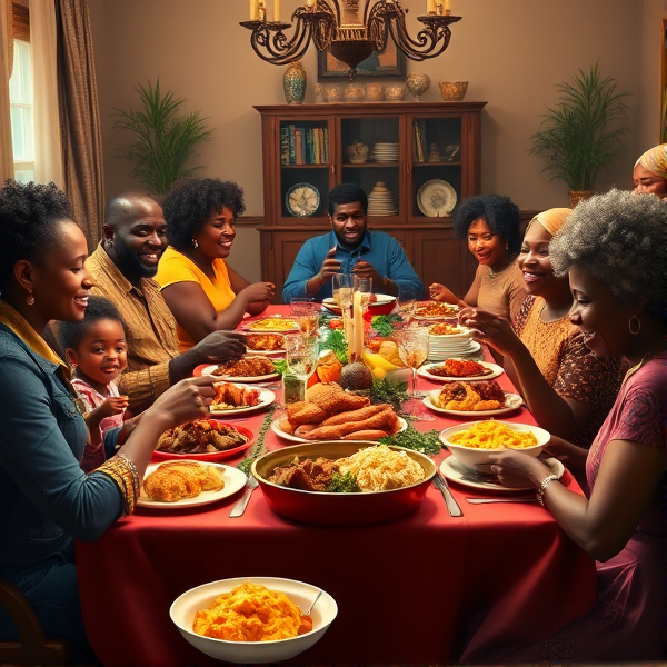 A lively African American big family gathering around a richly adorned dinner table, sharing a traditional soul food meal with dishes such as fried chicken, collard greens, macaroni and cheese, cornbread, and sweet potato pie, all set in a warm and inviting dining room filled with laughter and storytelling