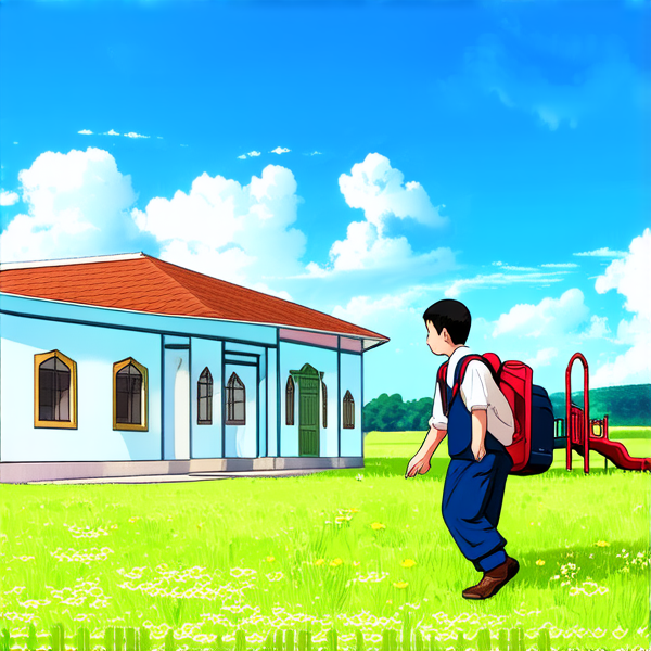 bâtiment d'une école primaire traditionnelle avec cours de récréation, enfants noirs africains en uniforme scolaire chemise blanche et pantalons bleu marine avec des cartables