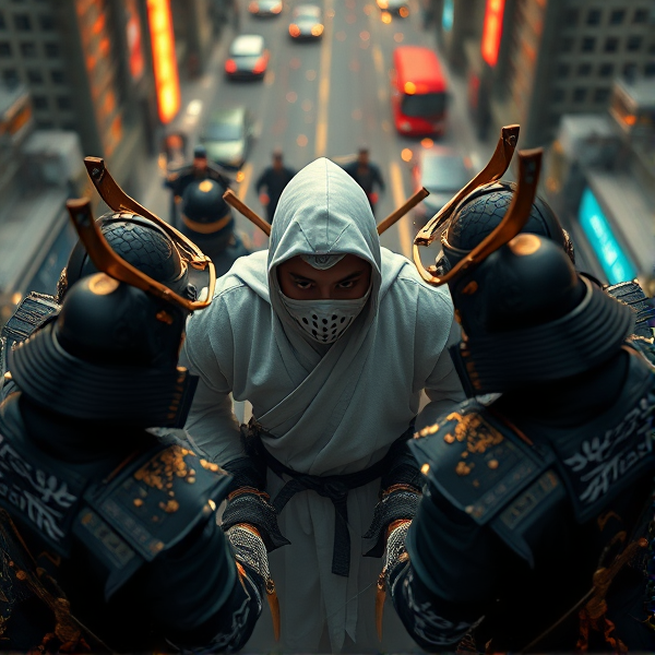 A bird eye view of There samurai surrounding one white ninja in the middle