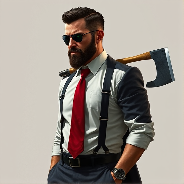 Create an intricately detailed, full-body portrait of John Abraham Marston, the epitome of a rugged, elite operative. His hair is a sharp, jet-black and clean cut, complemented by a precisely shaped beard along his jawline that underscores his stoic endurance. An advanced tactical eyepatch conceals his left eye, with a deep scar below it marking a history of intense combat and partial sight loss. Exuding an effortless command presence, he stands in a tailored white shirt tucked into sleek black trousers supported by glossy leather suspenders. A striking red tie provides a dash of vibrancy to his attire. The outfit is completed with an elegant black blazer tailored with hidden Kevlar lining for unobtrusive protection – indicative of the perilous nature of his profession. Polished dress shoes convey the gravity of his role. John Marston's readiness for confrontation is apparent through the Desert Eagle featuring a black and custom green laser sights for unrivaled precision. Crossed on his back are his trusted melee weapons: a sharp katana and a heavy-duty fireman's axe representing his preparedness for close-quarters battle. These details reflect his dedication to "the agency," tasked with clandestine operations even as he copes silently with alcoholism to dull the edge of PTSD from past service encounters. Visible on his left arm are sophisticated cybernetic implants – remnants of former experimental augmentations