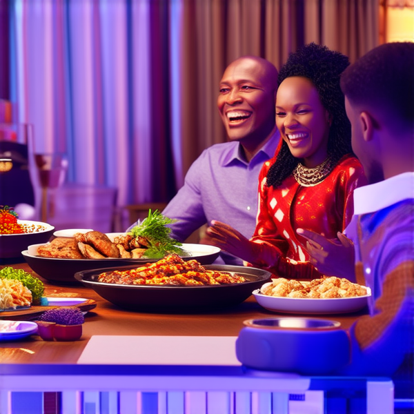 Repas de famille africaine chaleureux et convivial, avec un grand assortiment de plats traditionnels soul food sur une grande table en bois, entourée de membres de la famille riant et partageant des moments ensemble dans une salle à manger bien éclairée et décorée pour l'occasion