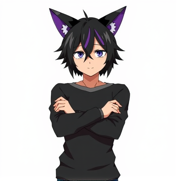 My hero academia oc. Arms crossed. Cat ears black with purple tips. Black hair. With purple streaks. Full body reference sheet.