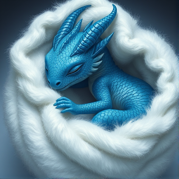 A blue baby dragon wrapped in a white fluffy blanket realistic sleeping