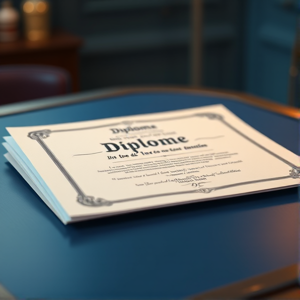 Diplôme écrit en français posé sur une table  bleue