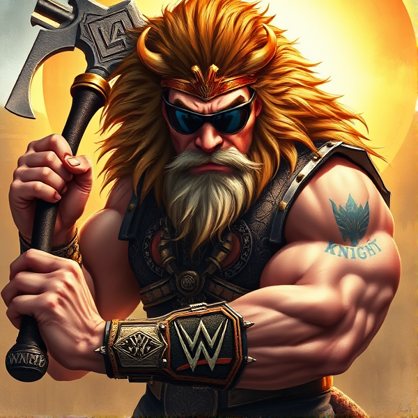 Un Lion barbare dieux du soleil une hache, avec des poils de lion et une carrure imposante et avec la ceinture de la wwe le catcheur et ces lunettes de soleil, il a un tatoo sur le bras avec le logo LA KNIGHT