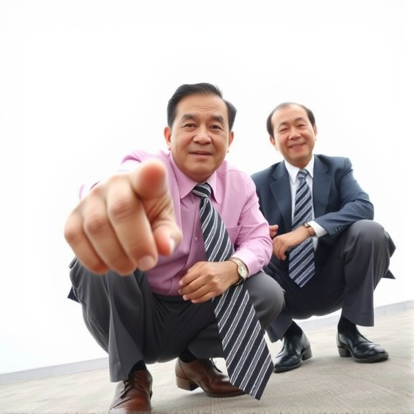 Deux hommes d affaires japonais senior accroupis qui regardent la caméra 
Chemise rose foncée et longue cravate rayée large 
Pointing 
Vue contre-plongée