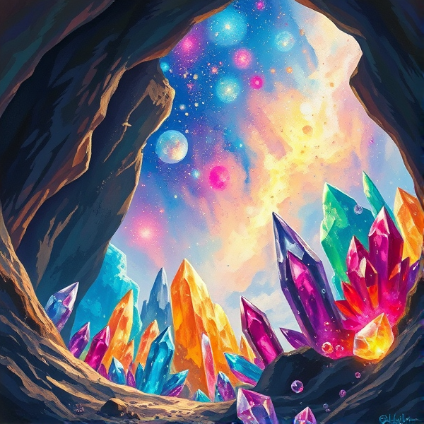 Colorful magic crystals in a cave