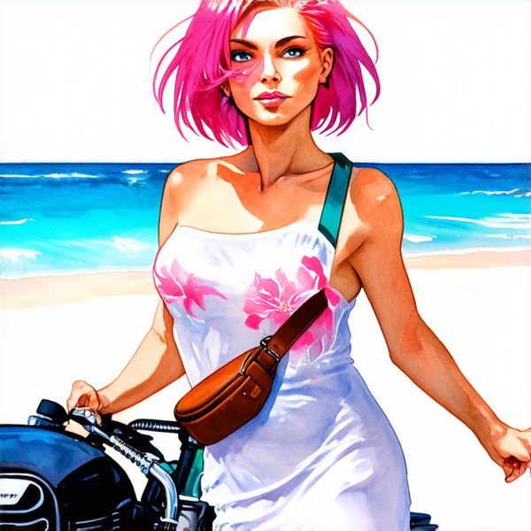 Aquarelle : Femme avec des cheveux rose fuchsia sur une harley noir roule sur le plage. elle porte une robe blanche à grosse fleur rose layette et un sac banane à main en cuir marron lanière rose et bleu et vert porté en bandoulière