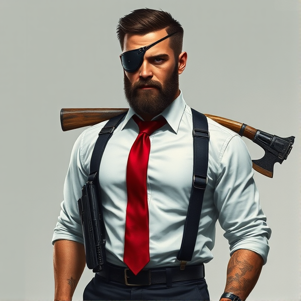 full-body portrait of John Abraham Marston, the epitome of a rugged, elite operative. His hair is a sharp, jet-black and clean cut, complemented by a precisely shaped beard along his jawline that underscores his stoic endurance. An advanced tactical eyepatch conceals his left eye, with a deep scar below it marking a history of intense combat and partial sight loss. Exuding an effortless command presence, he stands in a tailored white shirt tucked into sleek black trousers supported by glossy leather suspenders. A striking red tie provides a dash of vibrancy to his attire. The outfit is completed with an elegant black blazer tailored with hidden Kevlar lining for unobtrusive protection – indicative of the perilous nature of his profession. Polished dress shoes convey the gravity of his role. John Marston's readiness for confrontation is apparent through the Desert Eagle featuring a black and custom green laser sights for unrivaled precision. Crossed on his back are his trusted melee weapons: a sharp katana and a heavy-duty fireman's axe representing his preparedness for close-quarters battle. These details reflect his dedication to "the agency," tasked with clandestine operations even as he copes silently with alcoholism to dull the edge of PTSD from past service encounters. Visible on his left arm are sophisticated cybernetic implants – remnants of former experimental augmentations