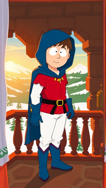 Clyde Donovan from South Park, light skin and brown hair, but as a 14-Year Old, dressed as a medieval prince with a red shirt with white sleeves, a black belt with a gold buckle, white pants, blue boots, blue long-cuffed gloves, and wreathed in a big blue hooded cape, now known as Prince Donovan. Despite still being a kid, he is the Youngest Ruler of South Park, Colorado, but now reborn as the real life Kingdom of Kupa Keep, Zaron, and Prince Donovan is its youngest and greatest hero. The young teenage prince of Kupa Keep is currently standing on his bedroom balcony in his new home of Kupa Keep Castle, looking at the amazing view of his newfound kingdom that was once the small mountain town he knew before.