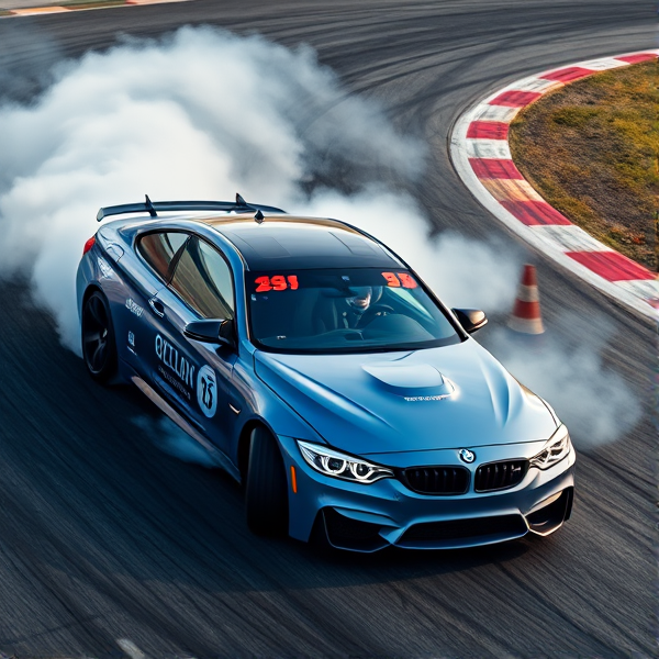 BMW M4 in a dynamic drift on an asphalt track with billowing tire smoke, aggressive stance, high speed action captured, detailed car livery showcasing sponsor logos, racing environment with trackside details like barriers and cones