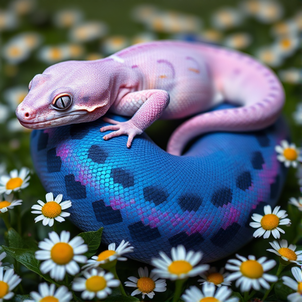 A light purple crested gecko on a dark blue and rainbow shimmer ball python in a field of daisies
