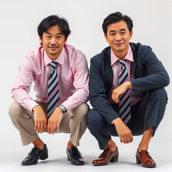 2 businessmen viril  japonais d'âge mûr accroupis  avec une cravate à larges rayures large et chemise rose