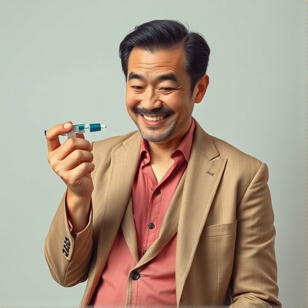Homme d'affaires japonais d'âge mûr, en posture accroupie, portant une cravate à larges rayures pendante et une chemise rose vif. Il regarde l'objectif avec un sourire malicieux tout en pressant délicatement le piston d'une seringue médicale dans une fausse tête , évoquant une scène satirique de faux traitement médical.