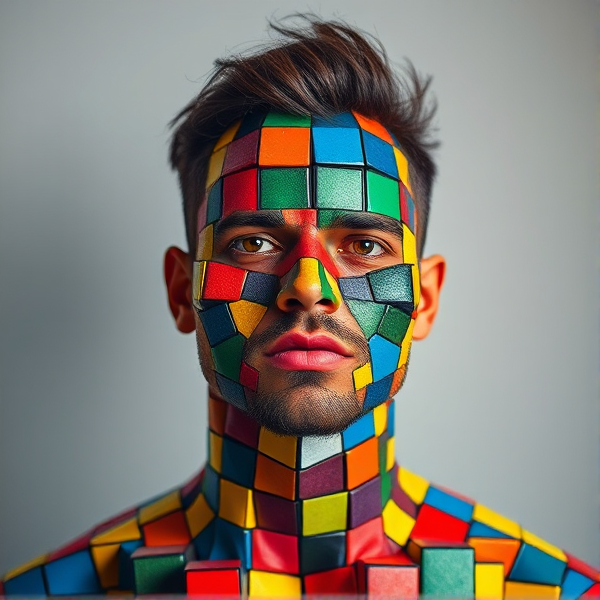 a man whos facr and body is made out of rubix cube