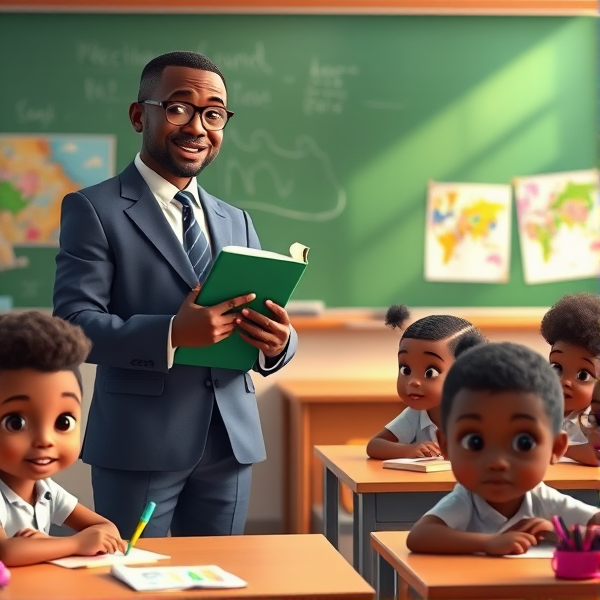 Directeur d'école afro-américain debout tenant un classeur dans ses mains portant un costume formel, dans une salle de classe avec un tableau vert, s'adressant avec bienveillance à un groupe d'élèves afro-américaines attentives de huit ans assises à leurs pupitres. Ils sont entourés de matériel pédagogique adapté à leur âge, comme des cartes géographiques, des affiches éducatives et des dessins d'enfants accrochés aux murs. La scène dégage une atmosphère chaleureuse et encourageante.