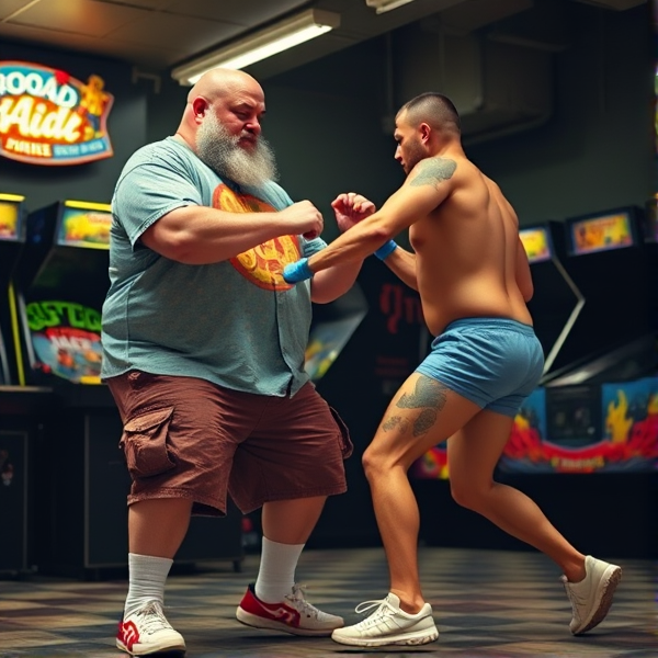 A bald 300 lb man with a beard wearing cargo shorts, a kool-aid man shirt, white socks, sketchers shoes, fighting a skinny man, in an arcade,