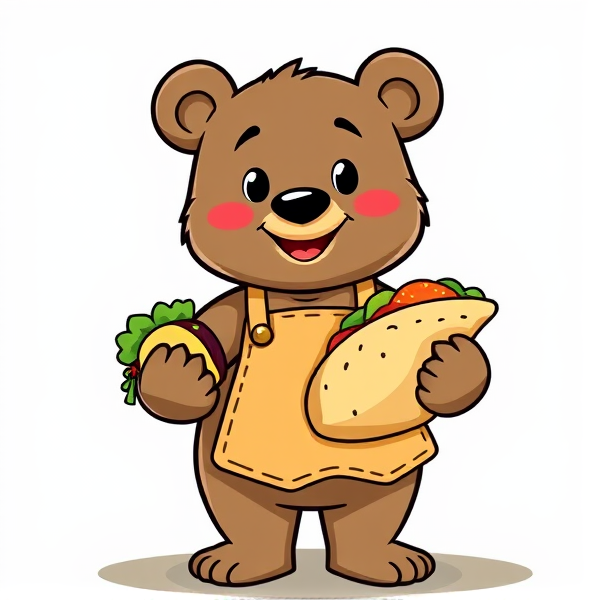 Cartoon bear holding a taco with an apron on