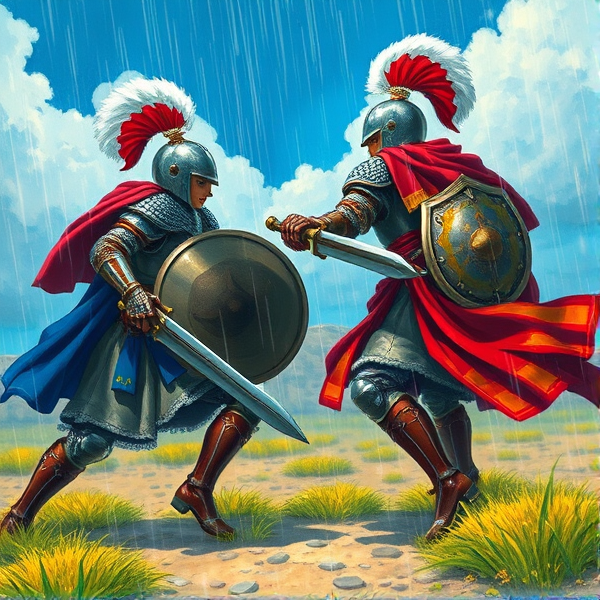 Twin brothers fighting each other in medieval armor on a raining battlefield.