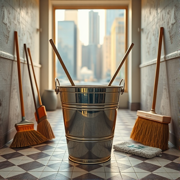 Seau d'eau en métal scintillant avec des reflets de lumière, accompagné d'une brosse, d'une serpillière et d'un balai  disposés de manière artistique au centre d'une pièce aux murs blanchis à la chaux et au sol carrelé de céramique ancienne