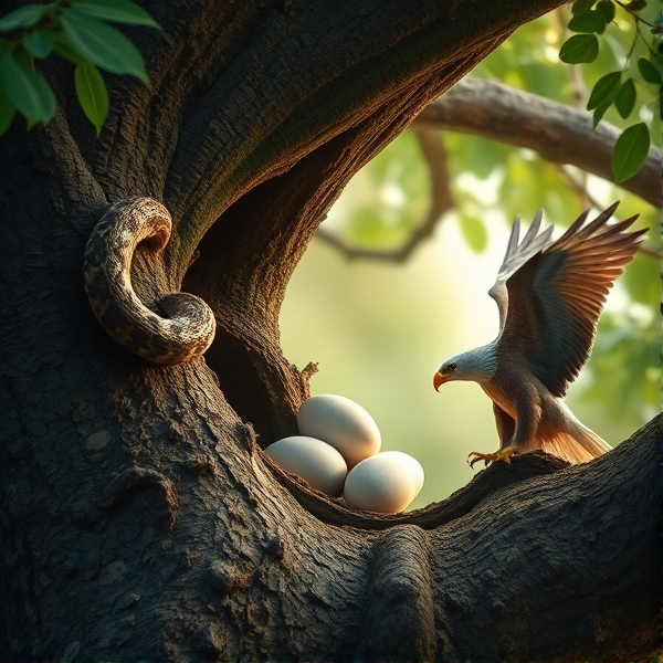 Suprise me with an image of a cuscus and python join forces and breaking the eggs laid by eagle in a big tree, and eagle is seen frightened and flying away without defending its eggs.