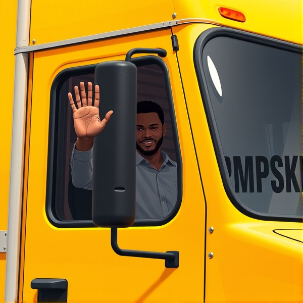 Black man waving out drivers side window of an all yellow moving truck that says the word "PIMPSKE" ON THE SIDE