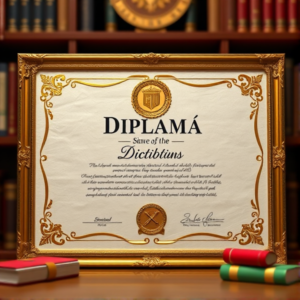 Prompt: Diplôme avec des bordures dorées sophistiquées, un sceau officiel en relief, une typographie classique et claire sur un fond en parchemin texturé, le tout présenté dans un cadre académique avec des livres et des symboles éducatifs