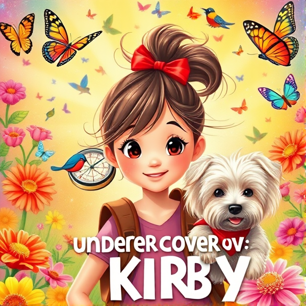 Bright, whimsical book cover design showcasing a spirited 10-year-old girl with a bouncy brown ponytail secured by a cherry-red ribbon, her small round eyes twinkling with mischief and wonder. The protagonist is center-stage on an exuberant quest, the background ablaze with a kaleidoscope of vibrant hues that beckon young readers. Surrounding her are playful elements that resonate with girls her age: iridescent butterflies dancing in the air, lush, multicolored flowers blooming wildly, and charming birds with elaborate plumage. Accompanying her is a joyous blonde long-haired Maltese terrier, its floppy ears framing a face full of affection as it gazes at the girl; around its neck is a crimson bandana that flutters in the breeze. The scene pulses with the thrill of childhood adventures—look for an intricately detailed compass clutched in the girl's hand, binoculars draped around her neck, and intriguing hidden paths that invite secret explorations. Bold, playful typography leaps off the cover, spelling out "Undercover Kirby" in letters designed to spark imagination and convey a sense of exhilarating fun. Opt for an art style that echoes realistic hand-drawn illustrations to capture this timeless narrative of curiosity and discovery