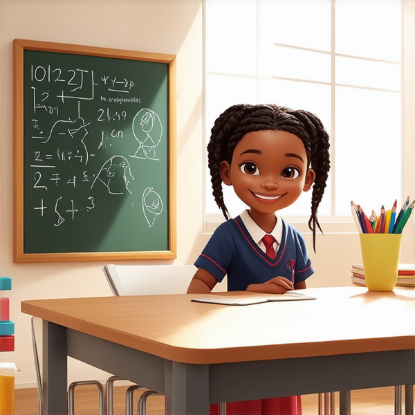 jeune fille noire de 10 ans, vêtue d'un uniforme scolaire des tresses africaines, debout souriante et concentrée devant un tableau noir rempli de calcul mathématique dans une salle de classe ensoleillée et colorée avec des bureaux en bois et des affiches éducatives sur les murs