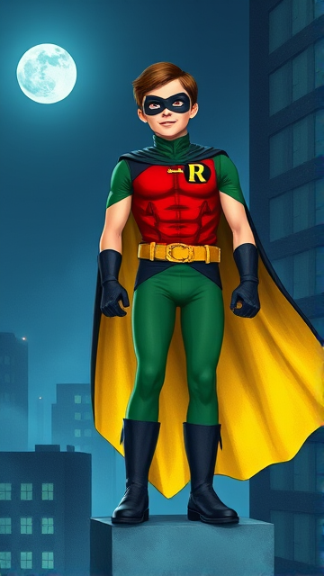 Movie Scene: A medium, preteen 12-year old boy with light skin and dark brown hair named Connor Bardley, but dressed as Robin, The Boy Wonder, with an extremely muscular body, a sleek green suit with a red torso with a black circle with a yellow R symbol on his left pectoral, a gold utility belt, black boots, black long-cuffed gloves, a big, heel-length, ultra-wide cape that's black on the outside and yellow on the inside, and a black eye mask. He has a special code: HE DOES NOT KILL. Young 12-year old Connor Bardley, now Robin, The Boy Wonder, is currently standing at the edge of a tall building at night, his cape billowing in the wind, ready to fight crime and save the day.