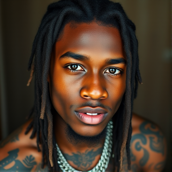 Can you generate me an image of a young black male in his early twenties with long dreads, grillz, tattoos and a 2000's hip-hop street style?
